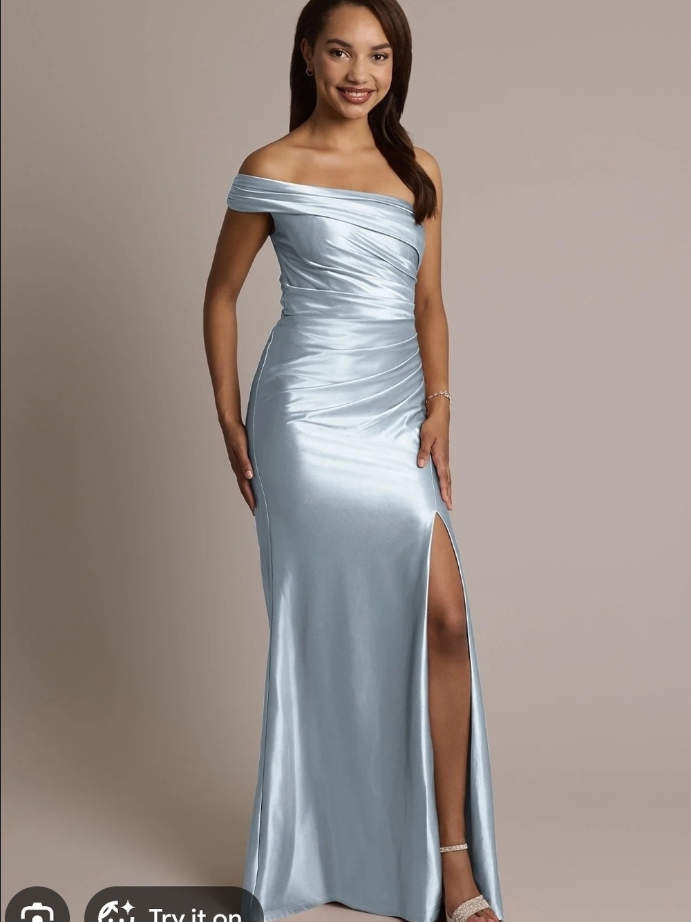 One-Shoulder Satin Evening Gown in Light Blue